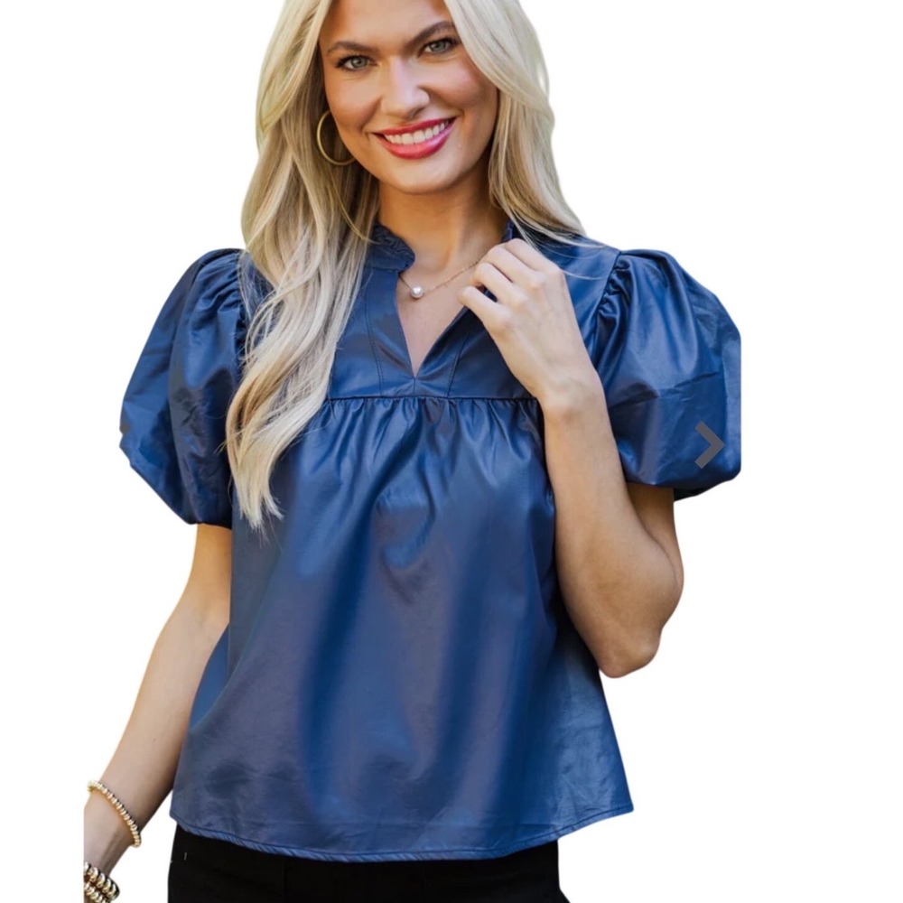 Pinch Back To You Navy Blue Faux‎ Leather Puff Sleeve Babydoll Blouse Large
